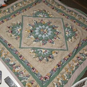 Handmade Floral Patchwork Quilt - Green, Cream & Rose